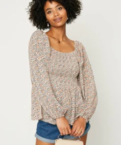 Hayden Puff Sleeve Smocked Peplum Top Womens