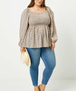 Hayden Puff Sleeve Smocked Peplum Top Womens