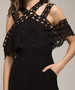 Moon River Cold Shoulder Lace Jumpsuit Womens