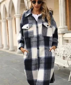 Miss Sparkling Long Plaid Flannel Jacket