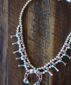 Thunderbird Coral & Turquoise Squash Blossom Necklace
