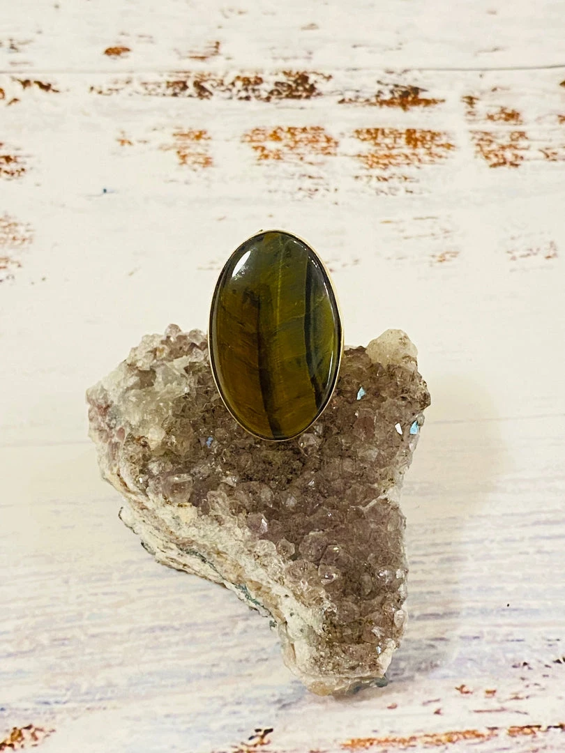 Baizaar Gray Oval Tiger's Eye Brass Ring 3 Baizaar Gray Oval Tiger's Eye Brass Ring