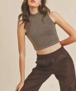 If She Loves New Arrivals Lurex Sleeveless Mockneck Crop Top