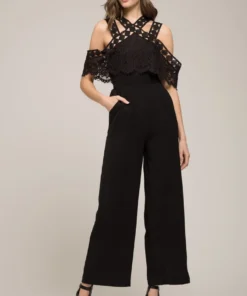 Moon River Cold Shoulder Lace Jumpsuit Womens