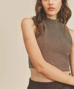 If She Loves New Arrivals Lurex Sleeveless Mockneck Crop Top